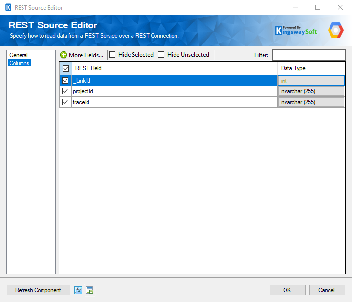 SSIS Google Cloud Trace Source Component - Columns